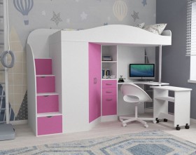 Кровать-чердак Юниор-4 Белое дерево/Розовый в Искитиме - iskitim.katalogmebeli.com | фото
