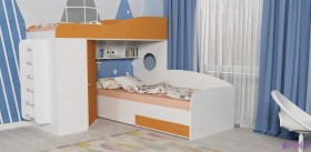 Кровать-чердак Кадет-2 угловая с металлической лестницей Белое дерево/Оранжевый в Искитиме - iskitim.katalogmebeli.com | фото 1