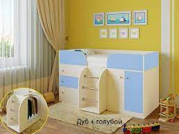 Кровать-чердак Малыш-4 Дуб молочный/Голубой в Искитиме - iskitim.katalogmebeli.com | фото 1