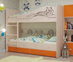 Кровать Мая-Сафари двухъярусная с ящикамиМлечный дуб/Оранжевый в Искитиме - iskitim.katalogmebeli.com | фото