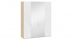 Шкаф комбинированный с 2 глухими и 2 зеркальными дверями «Эмбер» Яблоня Беллуно/Белый глянец в Искитиме - iskitim.katalogmebeli.com | фото